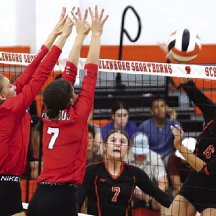 Schulenburg’s Haylee Vacek, left, and Clara Magliolo, right, in action last week against Columbus. Photos by Audrey Kristynik
