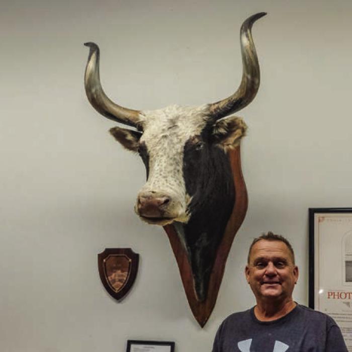 Ellinger taxidermist Michael Schlabach performed a restoration on the mount of Blue about 10 years ago. He helped bring the saddle to the museum last Friday.