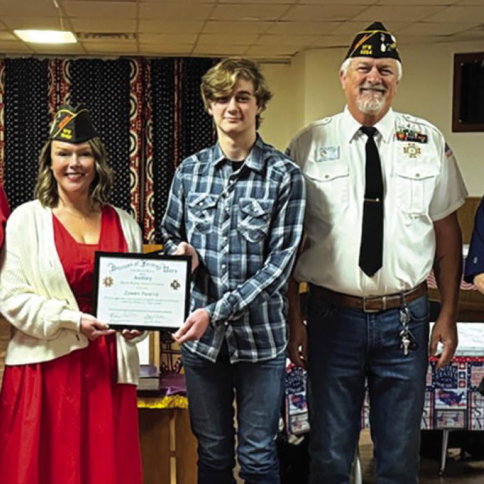 At the district judging competition, Zowen Pereiro won 1st Place in the Patriot’s Pen contest, which qualified him for the Department (State) competition. Left to right, are Lisa Gilmer (District 28 Auxiliary President), Amanda Dodd (District 28 Scholarship Chairperson), Zowen Pereiro, Richard Gray (Post 5254 Commander), and John Jowers (District 28 Commander).