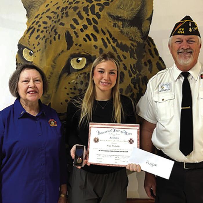 Pictured are Marilyn Kothmann (Post 5254 Auxiliary President), Hope Michalke, and Richard Gray (Post 5254 Commander). Hope Michalke won 1st Place in the Voice Of Democracy program competition.