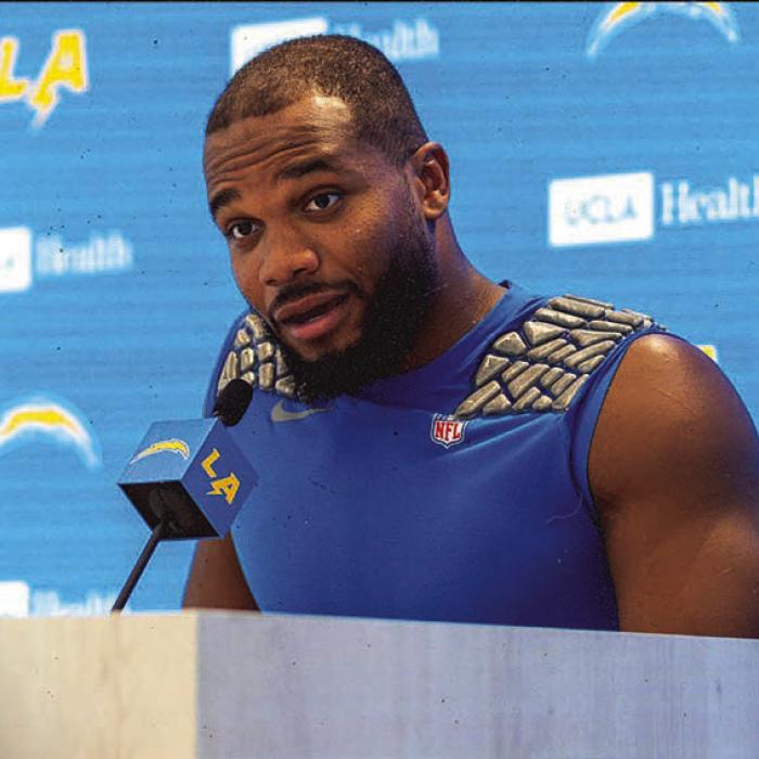 J.K. Dobbins speaks during Day 2 of the Chargers Training Camp last week.