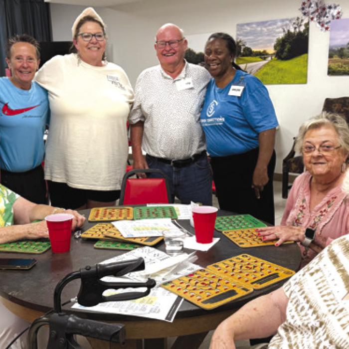 The crew from Schulenburg Family Fitness had seniors smiling when they came to call bingo recently. Pictured from left: Gloria Miksch, Jennifer Dial, Kim Brown, Deanie Crim, Johnny Fojtik, Darlene Williams, Ginni Berwick, and Helen Ohnheiser.
