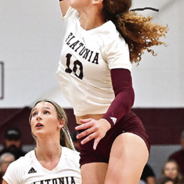 Emma Kosler goes up for hit for Flatonia last week. Photo by Stephanie Steinhauser