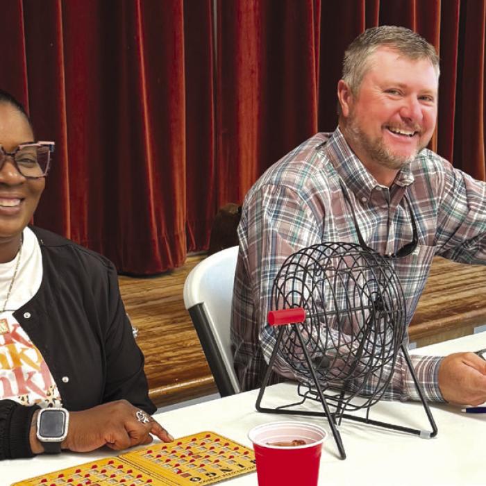 Colorado County Commissioner Ryan Brandt joined in Weimer for a lunch-and-learn program recently and hung around a little while to call some bingo after telling about his duties in his position, including overseeing road maintenance in his precinct, filling potholes, and keeping the grass mowed.