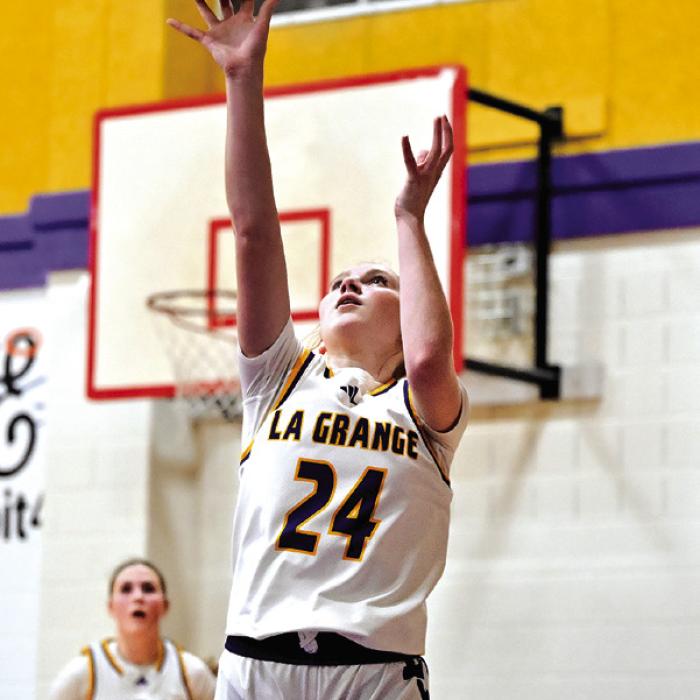 Ella Nygren puts up two points in the final seconds for La Grange but in Friday nights one point loss to Navasota. Photo by Stephanie Steinhauser