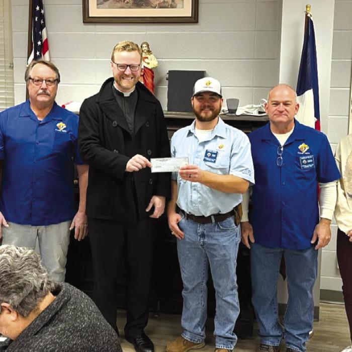 Grand Knight Aaron Janda along with Al Henneke, Ralph Dunk, and Marcus Recek presented Father Chris Smith and Mrs. Karissa Kleiber, principal, with a check for school support. The KCs are always so supportive and generous.