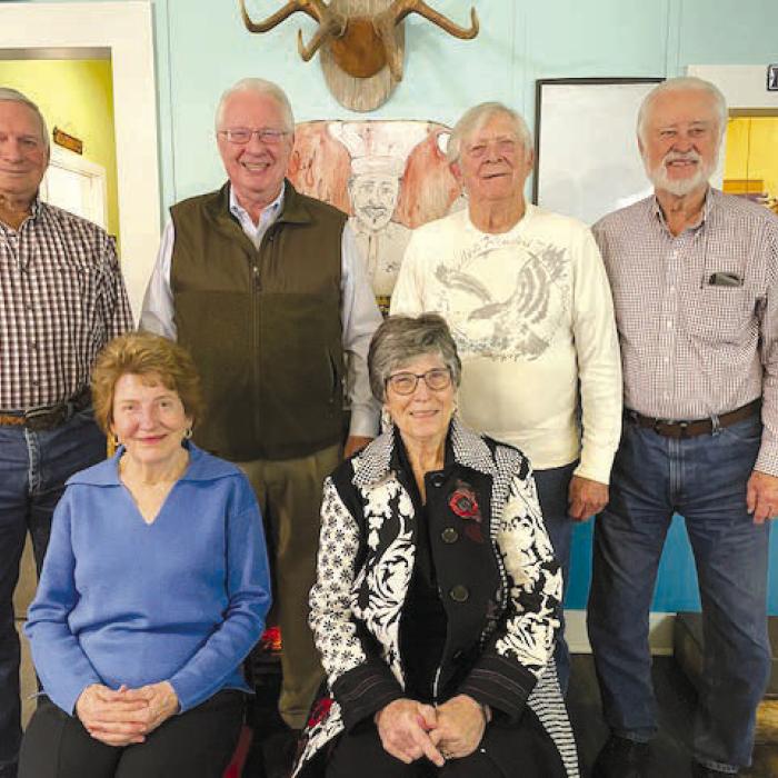 Impromptu gathering of FISD class fo 1964 seated from left: Stella Cherry and Carolyn Kent; back row: Mikton Heintschel, Ted Heinsohn, Mike Sklar and Gene Supak