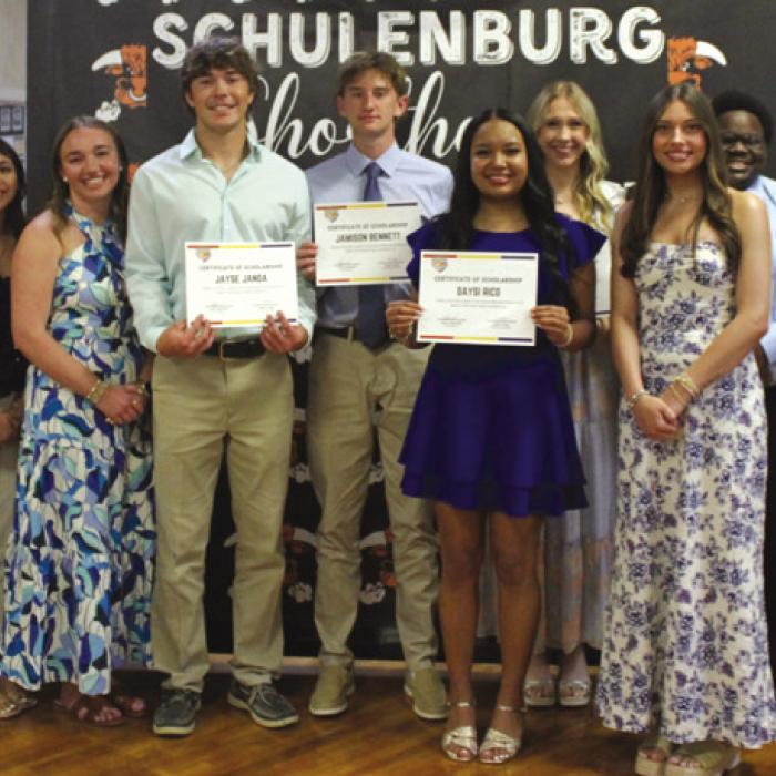 Pictured from left: Matthew Bartek, 2000 Stanzel Scholar; Liberty Killion, 2021 Stanzel Scholar; Ruby Rodriguez, 2025 Stanzel Scholar; Mikayla Otto, 2025 Stanzel Scholar; Jayse Janda; Jamison Bennett; Daysi Rico; Reagan Dusek; Fay Kutac, 2025 Stanzel Scholar; Andre Jones, 2015 Stanzel Scholar &amp; SFF Scholarship Team Member; Meagan Velasquez, SFF Scholarship Team Member &amp; SFF Board Member; Melanie Ramirez, SFF Program Director.