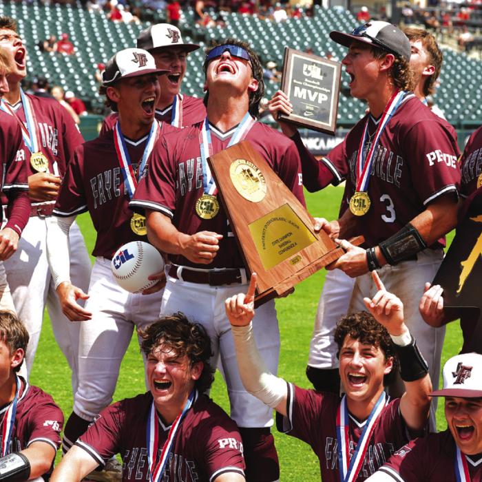 The members of the Fayetteville baseball team react after being presented their state title trophy after knocking off Gordon 4-2 in the 1A state title game Saturday at Dell Diamond. Photo by Scott Coleman