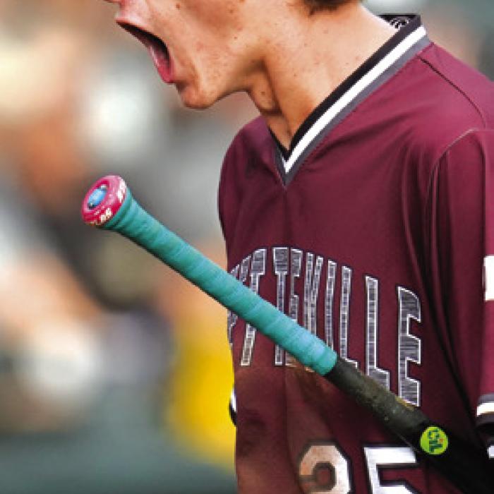 Fayetteville’s Easton Jaeger reacts after scoring a run Saturday. Photo by Scott Coleman