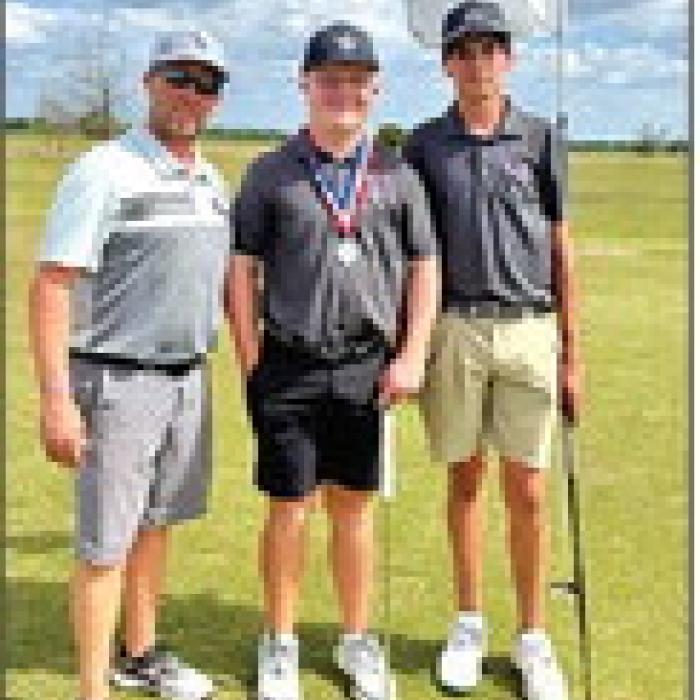 La Grange golf coach Stetson Gommert, left, Grady Kocian, center, and Adrian Meneses on their playoff hole.