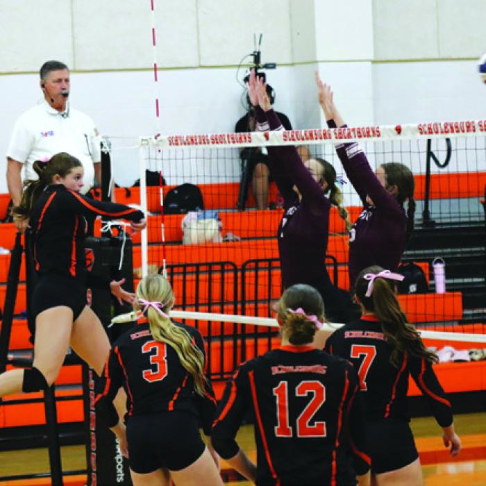 Schulenburg’s Halee Vacek spikes a ball in Tuesday’s victory over Ganado.