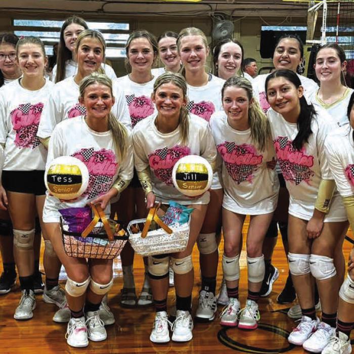 The members of the Round Top-Carmine volleyball team celebrated their district title last week after beating Fayetteville in the season finale. The Cubettes also honored their two seniors that night, twins Tess and Jill Eilers, shown front and center, holding the volleyballs.