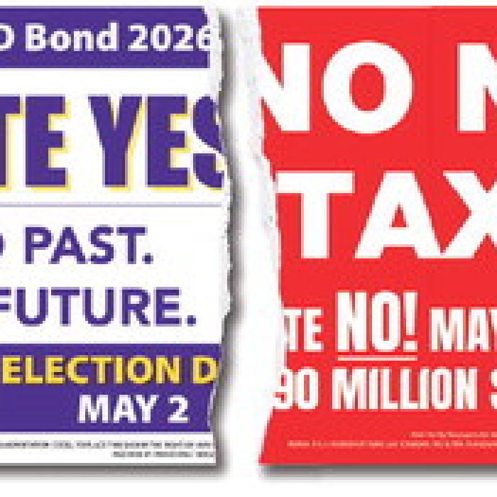 Signs for the new LGISD Bond proposal, left, and against it, right, have popped up all over town. La Grange police have one request: don’t place them anywhere where they block drivers’ visibility of roadways. Graphic by John Castaneda