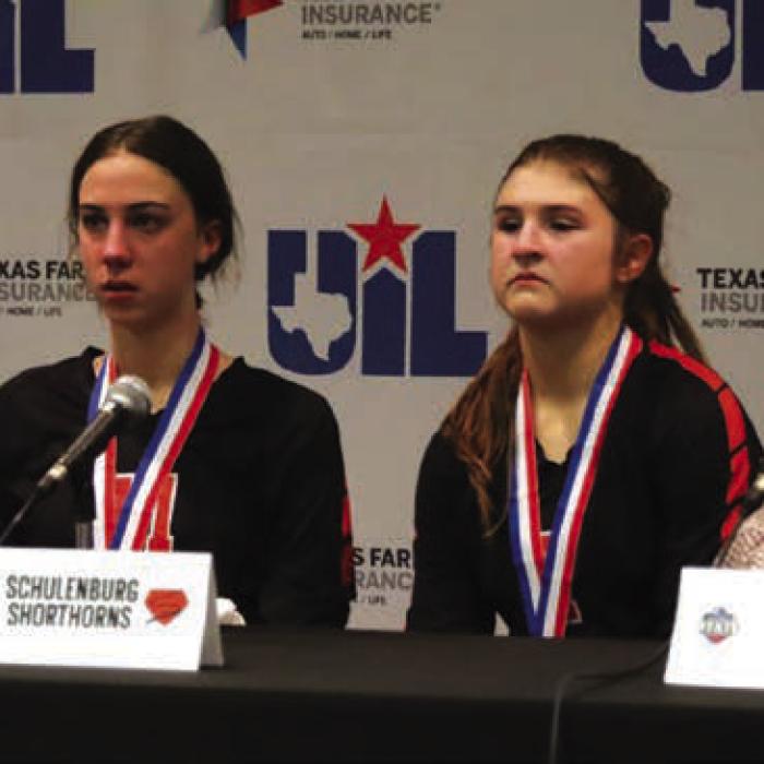 Left to right: Schulenburg’s Kieryn Adams, Meredith Magliolo, Landry Zapalac and head coach Donald Zapalac answer questions in the press conference after the state semifinals. Photo by Audrey Kristynik