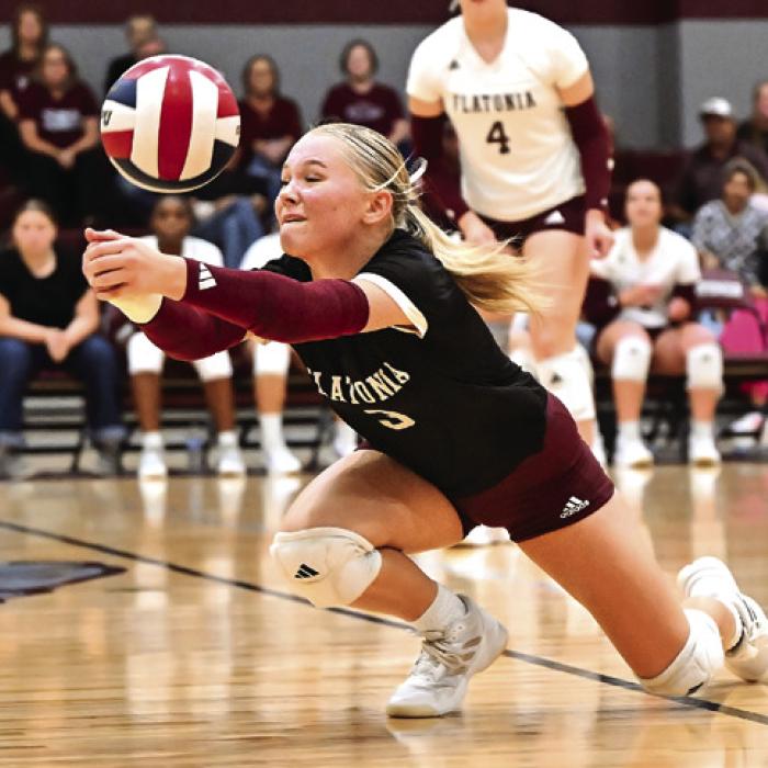 Flatonia’s Brynlee Zimmerman digs a ball in action during district play. Zimmerman had a team-high 14 digs in Thursday’s victory. Photo by Stephanie Steinhauser