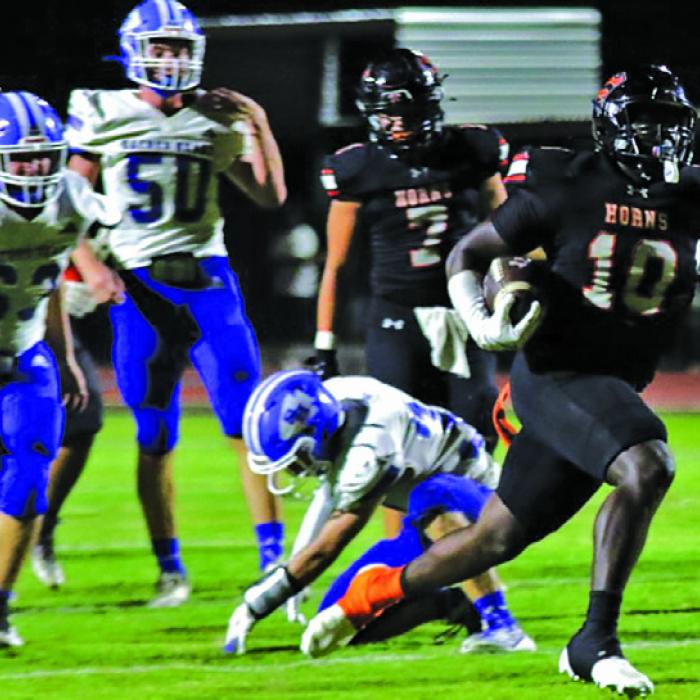 Schulenburg’s Tavondrick Ellison runs the football in Friday’s victory over Halettsville Sacred Heart. Photo by Audrey Kristynik