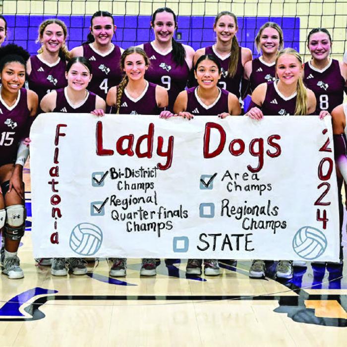 Above: Flatonia’s Summer Sodek at the net Tuesday. Left: The Lady Bulldogs celebrate their third round playoff victory over Sonora Tuesday on Boerne. Photos by Stephanie Steinhauser