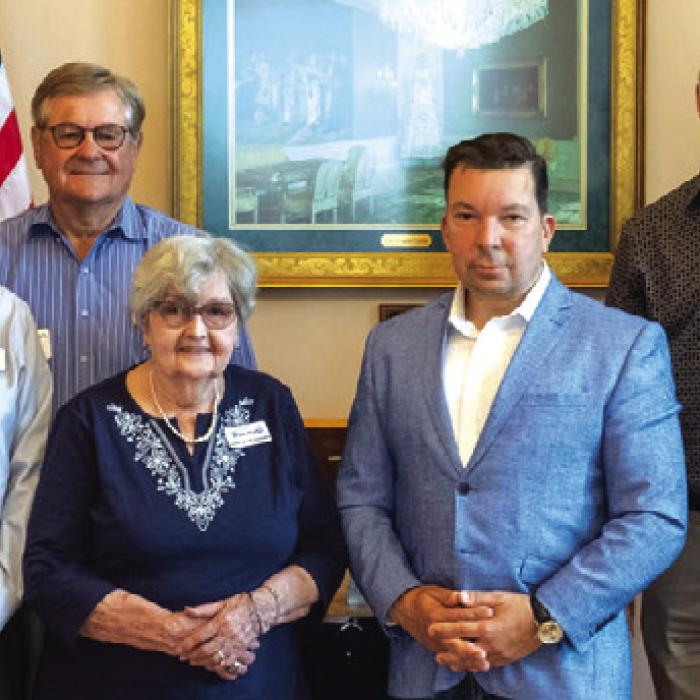 Czech Ambassador Miloslav Stašek poses for a photo with directors of the Texas Czech Heritage and Cultural Center: (from left) William H. Schovajsa, J. G. Hrncir, James Steffek, TCHCC President Retta Chandler, Ambassador Stašek, John Bartos and Walter Stoever.