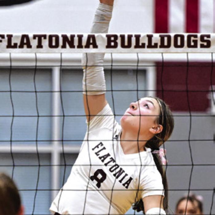 Flatonia’s Greenli VanZandt spikes a ball in Saturday’s match against Schulenburg. Photo by Stephanie Steinhauser
