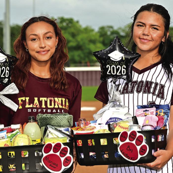 The Flatonia Lady Bulldogs recognized their 2026 seniors Friday, Marianna Rojas, left, and Briannah Luckey, right. Photo by Stephanie Steinhauser
