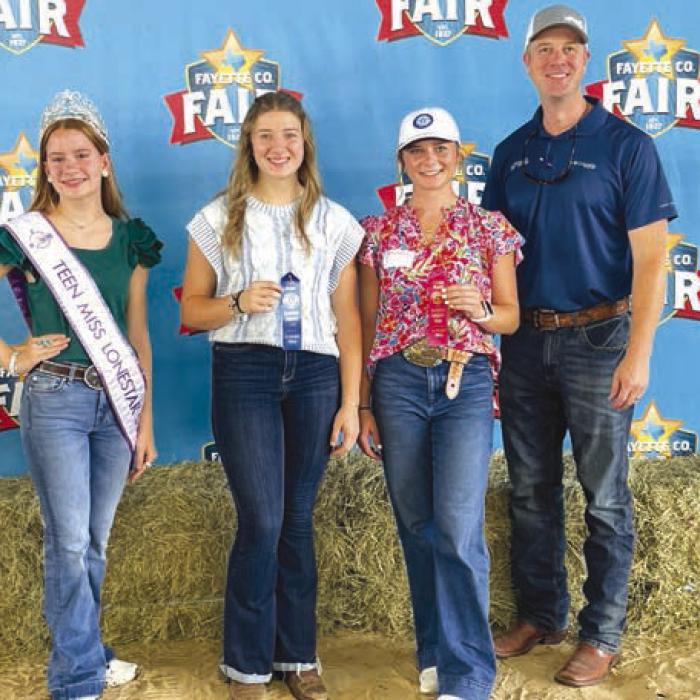 Salesmanship Winners, Senior: Kylee Hoffmann-Teen Miss Lone Star State agHERculture, Reagan Williams, Avery Nelius, and sponsor Fayette Savings Bank, representative Wade Mozisek.