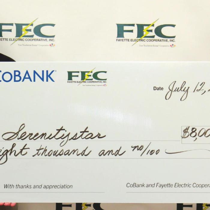 SerenityStar of Smithville received an $8,000 grant from FEC and CoBank as part of CoBank’s “Sharing Success” matching grant program. Pictured are, left to right, FEC General Manager Gary Don Nietsche and SerenityStar Women’s Program Director Heather McBryar.
