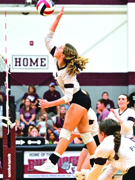 Emma Kosler goes up for a hit for the Lady Bulldogs. Flatonia fell to Shiner in three sets on Tuesday night in Flatonia. Photo by Stephanie Steinhauser