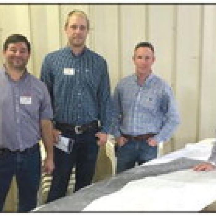 TxDOT was at the Warda Neighbors Night Out to answer questions and presented a large map showing the expansion project. Pictured is: Lucean Kuykendall, John Paul Clark, Covey Morrow, Jeffery Vinklarek, all with TxDOT, and Bob Garrett of the Warda Watch Group.