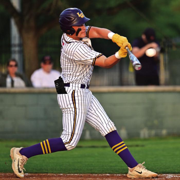 Senior Hunter Sabo, Leopard catcher, battles at the plate for La Grange in Monday’s game with Giddings. Sabo had three hits, including a pair of doubles Tuesday in the rematch. Photo by Stephanie Steinhauser