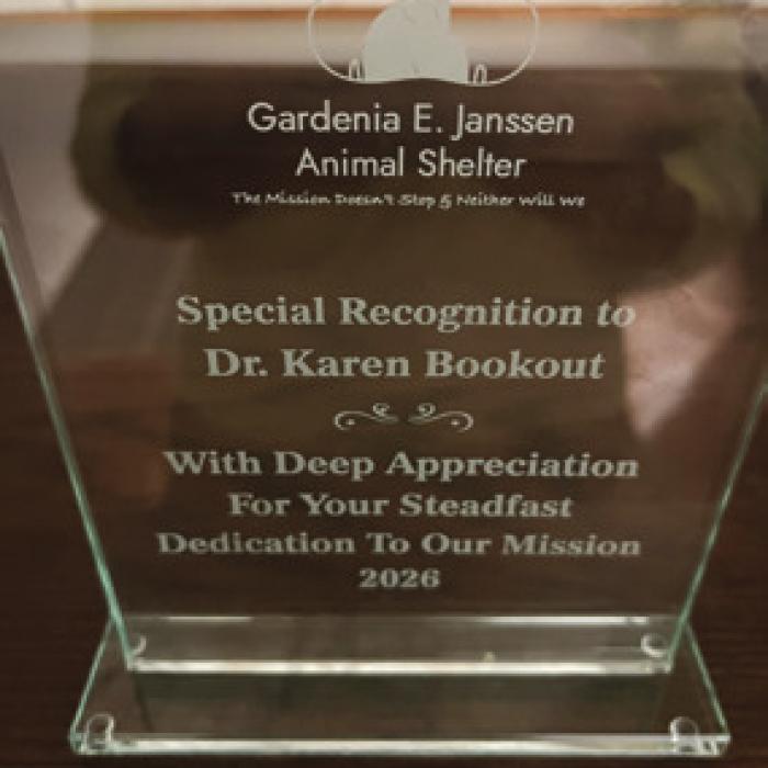 Award from Gardenia Janssen honoring Dr. Karen Bookout.