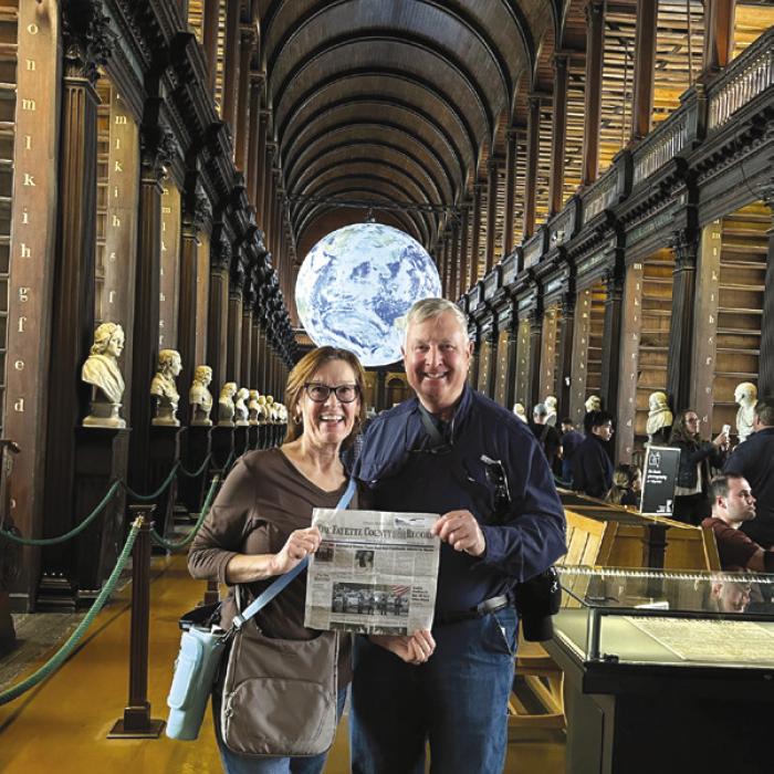John and Lisa Gay took this pic, with the local Fayette County Record newspaper in hand, at Trinity College Library in Dublin Ireland. They saw the Book of Kells and headed out on a cruise from there, enjoying beautiful sites and colder temperatures.