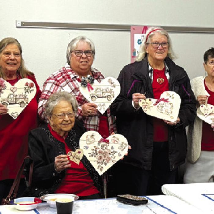 This group of ladies created some lovely decoupage Valentines with the help of Martha Beckmann at Artful Fridays At Arts for Rural Texas. Pictured from left: Deborah Jones, Cynthia Meyer, Annette Jasek, Irene Janda, Kathy Carpenter, Cherry Wilson, Julie Hill, Carie Ahlschlager, Margaret Lozano and Amparo Salina.