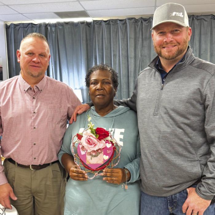 Members of Senior Connections have extra fun when Precinct 4 County Commissioner Drew Brosmann joins us for Bingo. He brought along Paul Zapalac, the Justice of the Peace for this precinct, on his most recent visit. They are pictured here with Alfreda Ellison who won this blackout prize created by Martha Beckmann. Alfreda had to win two playoffs to secure this Valentine’s heart.