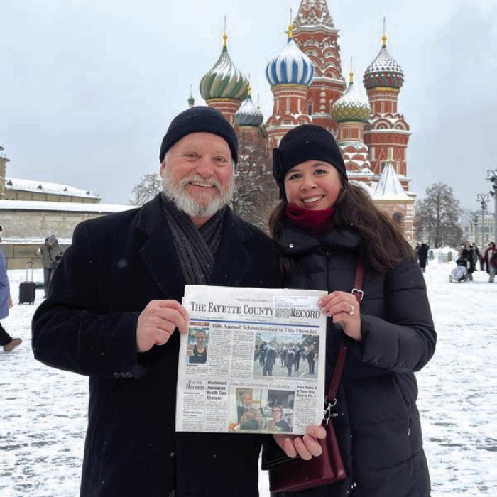 Newlyweds Mark and Julia Thiessen of Fayetteville were visiting the winter wonderland of Red Square in Moscow Russia taking along The Fayette County Record. Mark and Julia are seen in front of St. Basil’s Cathedral just outside the Kremlin walls. Julia is from Moscow where she still has family. January has been an especially snowy and cold month, but Muscovites do not seem to mind.
