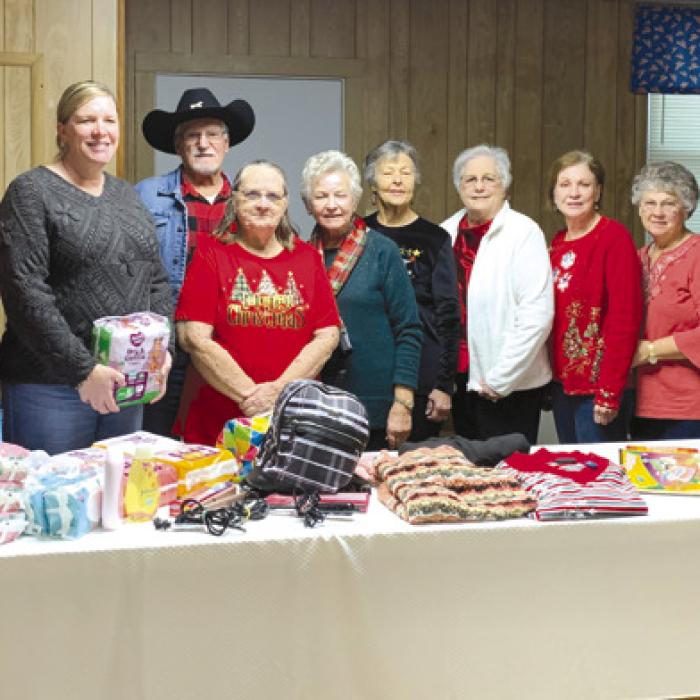 Pictured from left are Jeanette Schoenst, Kristi Bauer representing CASA, Mary Rauch, Earl Fenske, Lila Garlin, Linda Mattocks, Carmean Ebner, Jeanette Hancock, Pearlie Wagner, La Verne Albers.