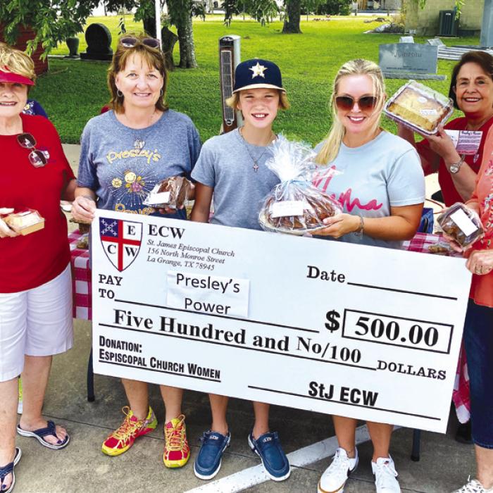 Saint James’ ECW (Episcopal Church Women) recently donated $500 to Presley’s Power. Pictured (from left) are Jane Malik, Fran Mason, Jackie Wessels, Kaine Fajkus, Marlana Wessels, Ursula Stephens and Lil Landry.