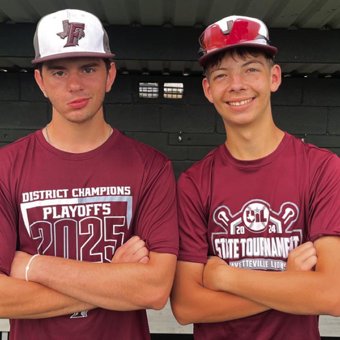 Fayetteville’s Kandon Kaspar, left, and Dylan Henneke, right, have both jumped in as freshmen and made an immediate impact for the Lions baseball team. Photo by Jeff Wick