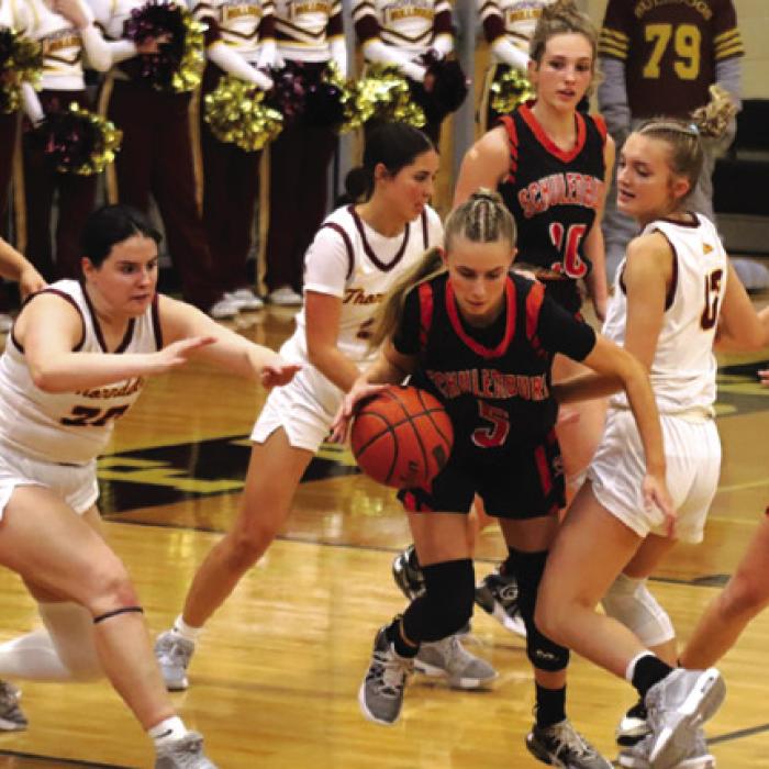 Schulenburg’s Jenna Guentert dribbles out of trouble in Tuesday’s playoff victory. Photo by Audrey Kristynik