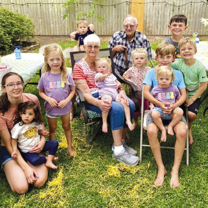 Devon Boehnke and Virginia Tappe with their nine great grandchildren at Easter.