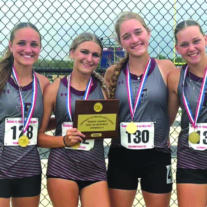 The Fayetteville girls 4x100 team won regionals and will compete at the state meet Saturday at 5 p.m. Shown here are the team members with their regional championship medals and plaque. Left to right: Cambree Denham, Aubree Graeter, Olivia Dominey, and Maycee Miller. Other state qualifiers for Fayetteville include Cole Jurecka in the 110 hurdles, Lawson Fritsch in the pole vault and the 400 meters, Cambree Denham in the high jump and pole vault, and Jack Schley in the long jump and the triple jump