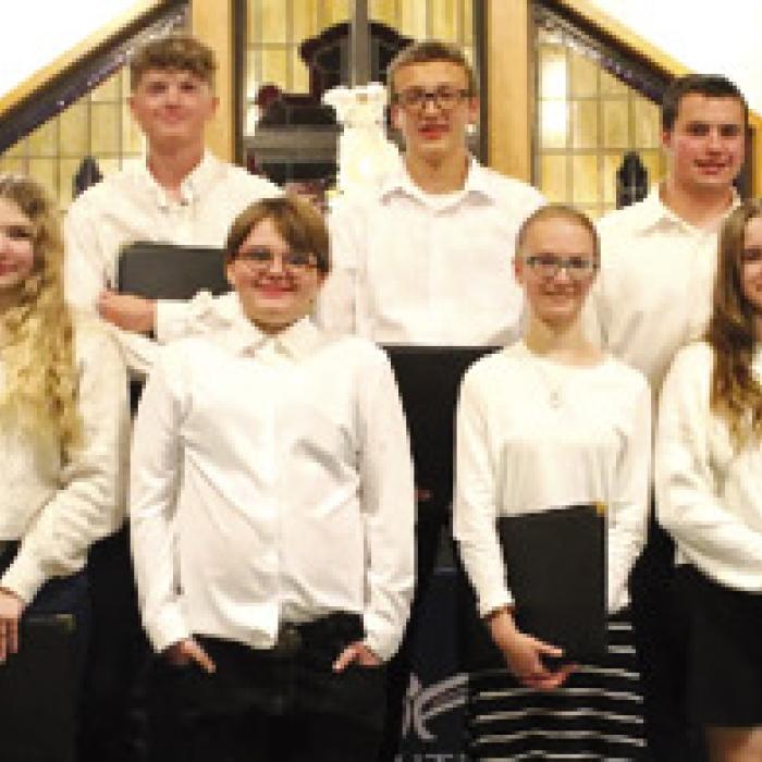 Music students pictured front from left: Kaylee Wolff, Chloe Shaver, Elizabeth Richardson, Miriam Meyer, Isabella Bradley, Rayli Woelfel; back row: Hudson Stueber, Jay Woelfel, Elijah Kueck, Grant Oltmann, Daniel Lehmann.