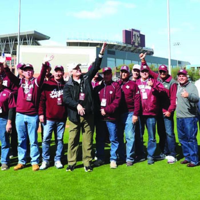 On Saturday March 9, members of the 1974 Texas A&amp;M baseball team were recognized during the Texas A&amp;M vs. Rhode Island ball game in College Station. After 50 years, the team still holds the A&amp;M record for the highest team batting average of .342. A couple of area ballplayers were members of the ‘74 team. Columbus native David Buxkamper (4th from the left) and John ‘Bubba’ Riehs (3rd from the left) of La Grange.