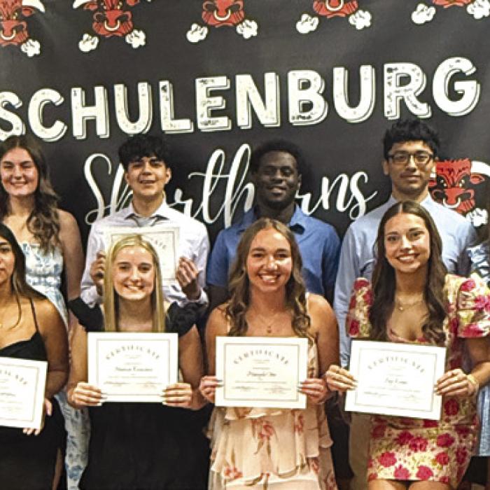 Pictured front from left: Ruby Rodriguez, Madison Kunschick, Mikayla Otto, Fay Kutac, Ted Stanzel; Dorothy Huebel, Scholarship Team Member; back row: Jazmine Nelson, Shelby Davis, Madyson Holub, Edgar Mandujano; 2024 Scholarship Recipients: Rodney Walton Jr., Nicolas Lopez, Riley Zapalac.