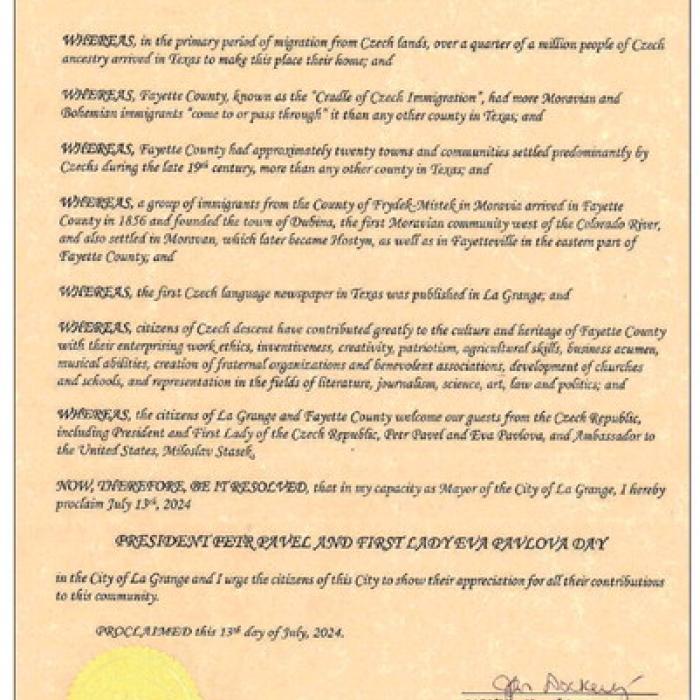 Local Leaders Issue Proclamations on Czech President Petr Pavel’s Historic Visit to La Grange
