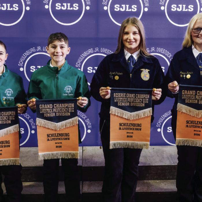 Winners of the livestock proficiency quiz were (from left) Gage Smrkovsky-junior division reserve champion, Crockett Guenther-junior division grand champion, Kyrroll Prihoda-senior division reserve champion, and Jolene Jarvis-senior division grand champion.
