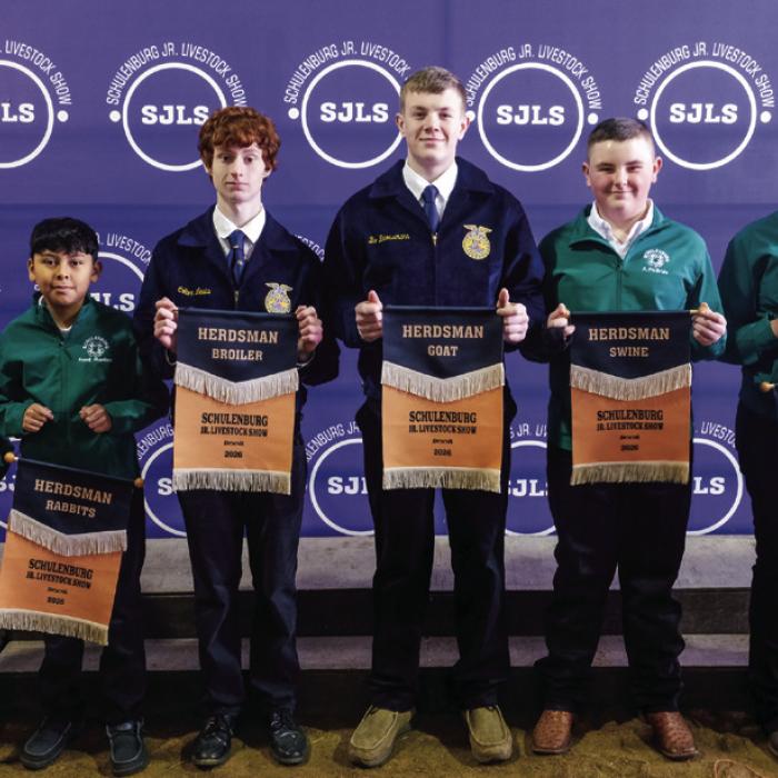 Herdsman awards went to (from left) Rowdy Guenther-cattle, Frank Martinez-rabbits, Colton Lewis-broilers, Bo Brossmann-goats, Abraham McBride-swine and Zoey Krenek-sheep.