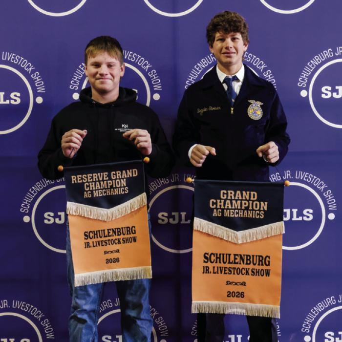 Winners of the Ag Mechanics Show were (from left) Cody Biersdorfer, who won reserve champion for a work table; and Brayden Stoever, who won grand champion for a greenhouse.