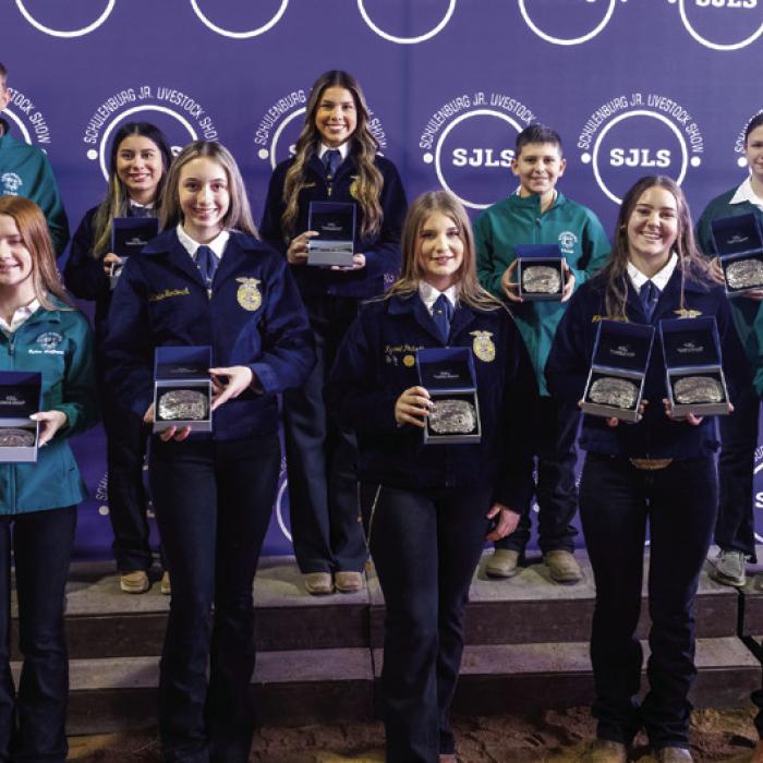 Showmanship awards went to (front, from left) Kylee Hoffmann-breeding goats, Kimber Bartosch- breeding sheep, Kyrroll Prihoda-beef heifers, Mikayla Stang-market steers and dairy, Abe McBride-breeding swine, (back) Holden Holub-market sheep, Hayden Martinez-market rabbits, Morgan Steinhauser-broilers, Hudson Holub-market goats, and Olivia Hammack-market swine.