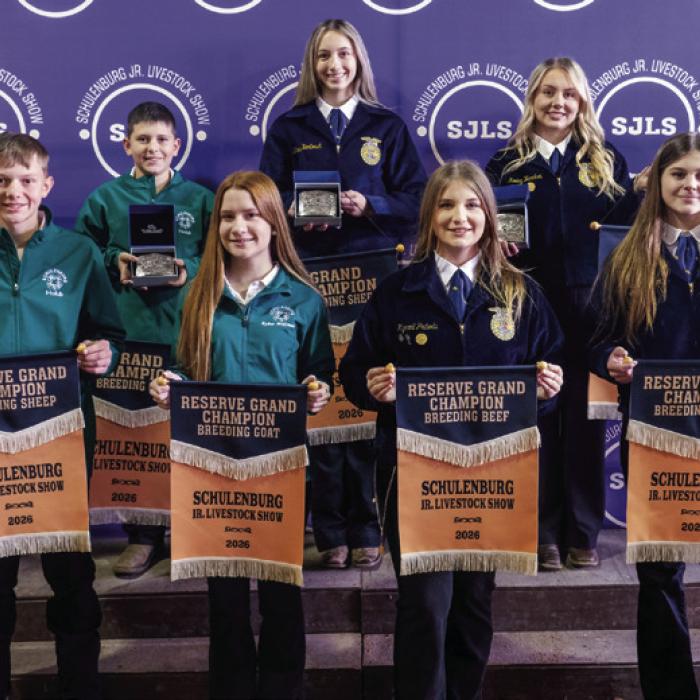 Winners of the breeding show were (front, from left) Holden Holub-reserve champion breeding sheep, Kylee Hoffmann-reserve champion breeding goats, Kyrroll Prihoda-reserve champion beef heifers, Haylee Vacek-reserve champion breeding swine, (back) Abe McBride-grand champion breeding swine, Hudson Holub-grand champion breeding goats, Kimber Bartosch-grand champion breeding sheep, Keeley Warnken-grand champion beef heifers, Landry Zapalac-grand and reserve champion dairy cattle.